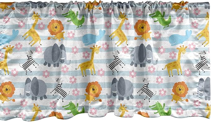 Ambesonne Savannah Window Valance Pack of 2, Friendly Zoo Animals with Happy Faces Cartoon Characters on Stripes Print, Rod Pocket Curtain Valances for Kitchen Bedroom, 54" X 18", Pale Azure Blue