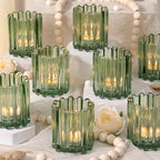 Glass Green Votive Candle Holder, Ribbed Votive Candle Holders Set of 12, Tealight Candle Holder for Wedding Centerpieces Dinner Party Table Decor