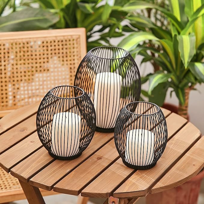 OLEEK Small Outdoor Candle Holders for Patio - Pillar Candle Holder - Black Wire Candle Holder for Table Centerpiece - Iron Lantern Decorative Candles - Farmhouse Decor Fireplace Metal Candle Holders