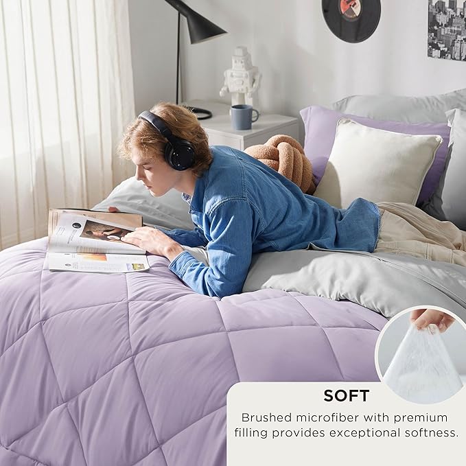 Bedsure Twin Comforter Set - 5 Pieces Reversible Light Purple Bedding, Twin Size Bed Set for All Seasons, Bed in a Bag with Down Alternative Comforter, Sheets, Pillowcase & Sham