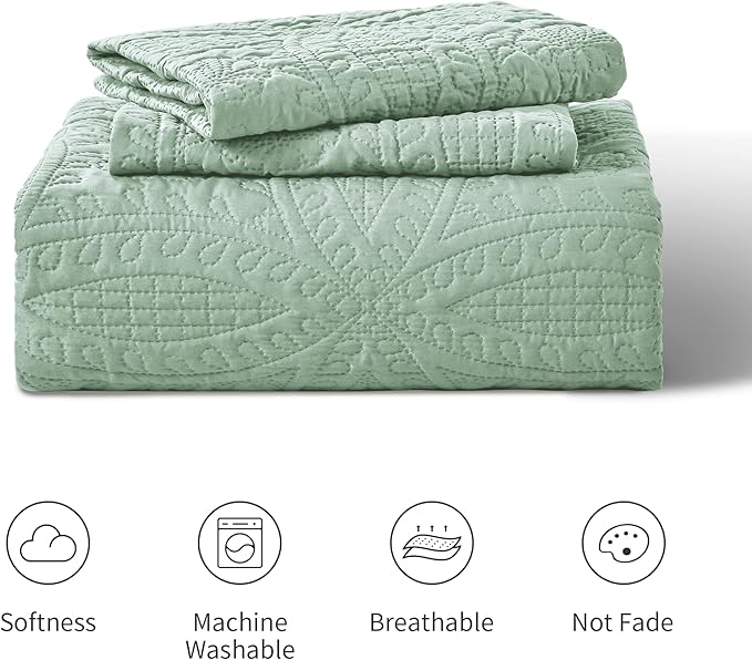 Love's cabin King Size Quilt Set Sage Bedspreads - Soft Bed Summer Lightweight Bedspread Comforter - Modern Style Coin Pattern Coverlet for All Season - 3 Pieces (1 Quilt, 2 Pillow Shams)