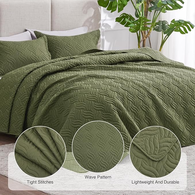 Love's cabin King Size Quilt Bedding Set Olive Green Bedspreads - Bed Summer Lightweight Bedspread Comforter - Wave Pattern Bedding Coverlet for All Season - 3 Pieces (1 Quilt, 2 Pillow Shams)