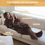 Catalonia Wearable Fleece Blanket with Sleeves and Foot Pockets for Adult Women Men, Micro Plush Comfy Wrap Sleeved Throw Blanket Robe Large, Brown