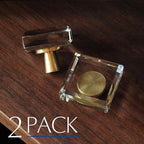 JEREVER 2 Pack Glass Crystal Knobs Brass Drawer Pull Cabinet Handle Gold Furniture Hardware for Dresser Kitchen (Square)