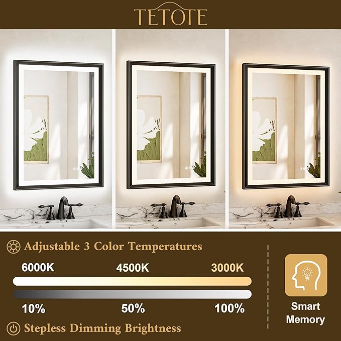 TETOTE Black LED Bathroom Mirror with Lights 48x30 Front & Back Light Vanity Framed Mirror Baroque Gothic Anti Fog Dimmable White/Warm/Natural,CRI90+,Waterproof,Wall Mounted(Horizontal/Vertical)