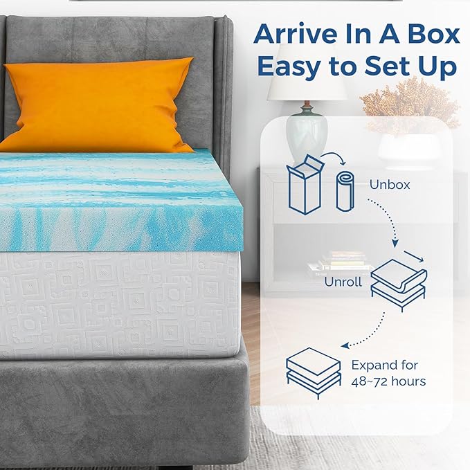 Mattress Topper Twin XL, 3 Inch Gel Memory Foam Bed Topper for Twin XL Size Bed, CertiPUR-US Certified, Blue