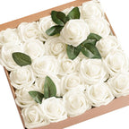 Ling's moment Artificial Flowers 50Pcs Ivory Roses Decor w/Stems,3" Real Touch DIY Foam Floral for Wedding Bouquet/Centerpieces, Outdoors Party Backdrop, Room/Table, and Garden/Pot Decorations