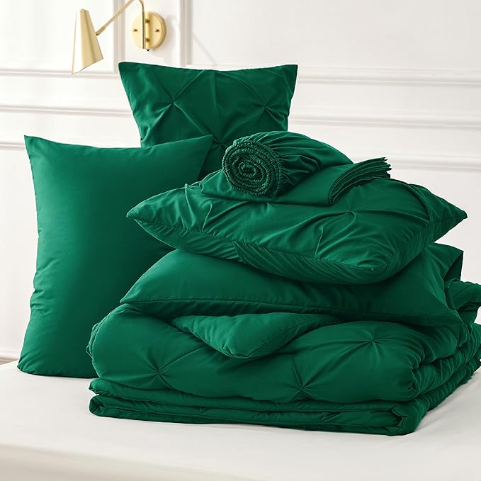 Bedsure Twin Comforter Set Dark Green - Bed in a Bag Twin Size 5 Pieces, GentleSoft™ Pintuck Bed Set Gift for Family, Pinch Pleat Dark Green Comforter with Sheets, Pillowcase & Sham