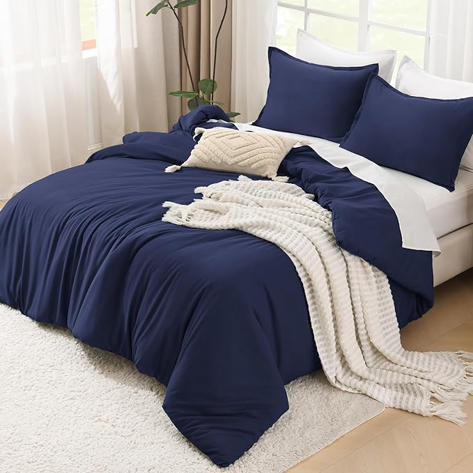 Litanika Navy Blue Comforter Set Full Size, 3 Pieces Boys Men Lightweight Solid Bedding Comforter Set, All Season Fluffy Down Alternative Bed Set (79x90In Comforter & 2 Pillowcases)