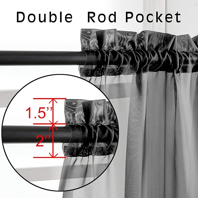 OVZME Voile Sheer Window Privacy Curtains, Rod Pocket Elegant Airy Sheer Curtains Drapes for Living Room/Bedroom, Black, W42 x L63, 2 Panels