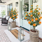 2 Pack 43.3"/3.6FT Artificial Tree with Camellia Flowers Fake Tree with 32 Blooming Flowers Orange Tree for Spring Home Front Door Outdoor Indoor Decor (Including Dried Moss)