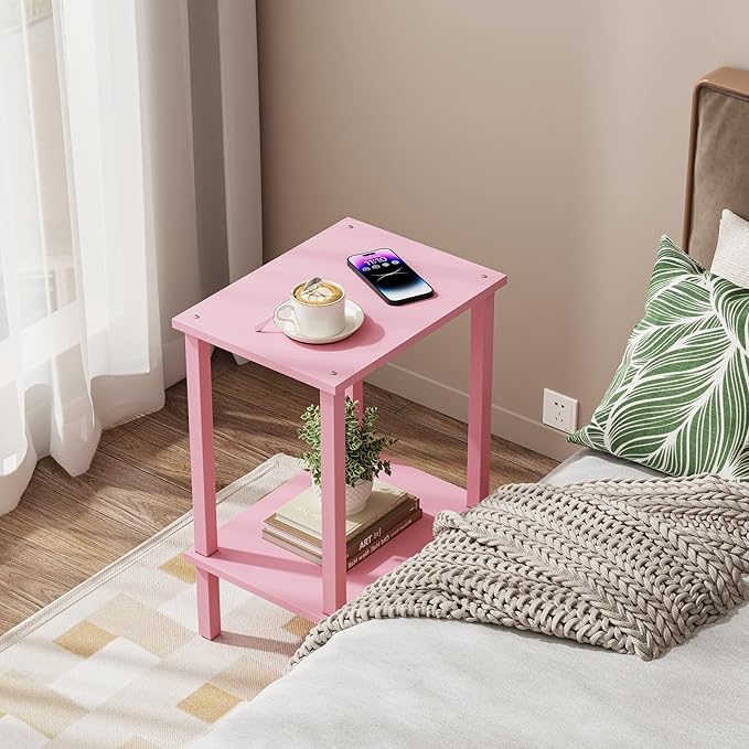 TUTOTAK End Table, Set of 2, Side Table, Nightstand, 2-Tier Storage Shelf, Sofa Table for Small Space, Living Room, Bed Room, Pink TB01BP035