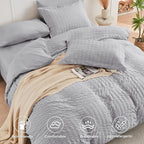 HYMOKEGE Light Grey Oversized Queen Comforter Set Seersucker 7 Pieces, All Season Luxury Bed in a Bag for Bedroom, Bedding Set with Comforter, Sheets, Pillowcases & Shams