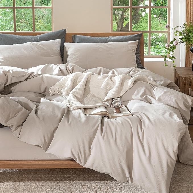 MooMee Bedding Duvet Cover Set 100% Washed Cotton Linen Like Textured Breathable Durable Soft Comfy (Solid Light Tan, Super Queen 90"x98")