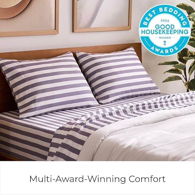 Mellanni California King Sheets Set - 4 PC Iconic Collection Bedding - Hotel Luxury, Soft, Cooling Bed Sheets - Wrinkle, Fade, Stain Resistant (Cal King, Oxford Stripe Hazy Lilac)