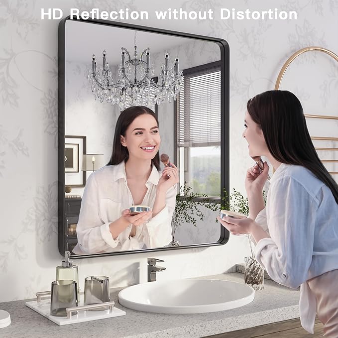 ISKM 32"x 36" Black Bathroom Mirror for Wall, Bathroom Vanity Mirror Anti-Rust, Tempered Glass, Rounded Rectangle Mirror(Horizontal/Vertical)