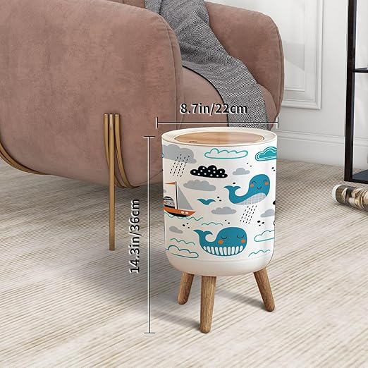 Small Trash Can with Lid Childish Seamless Whale Boat Clouds Waves Scandinavian Style Summer Garbage Bin Pet Proof Waste Basket for Kitchen Bathroom Office Bedroom Decorative 1.8 Gallon