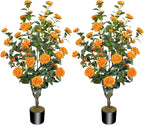 2 Pack 43.3"/3.6FT Artificial Tree with Camellia Flowers Fake Tree with 32 Blooming Flowers Orange Tree for Spring Home Front Door Outdoor Indoor Decor (Including Dried Moss)
