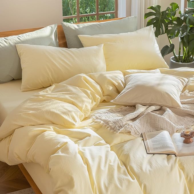 MooMee Bedding Duvet Cover Set 100% Washed Cotton Linen Like Textured Breathable Durable Soft Comfy (Heathered Butter Yellow, Super King 108"x98")