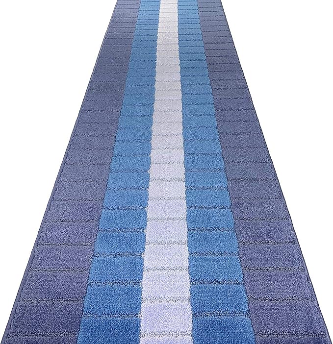 Custom Size Coastal Nautical Style Runner Rug Carpet for Hallway Entryway, Slip Resistant Latex Rubber Backed, 31 inch Wide X Customized Length, Squares Blue, 31 inch X 27 feet