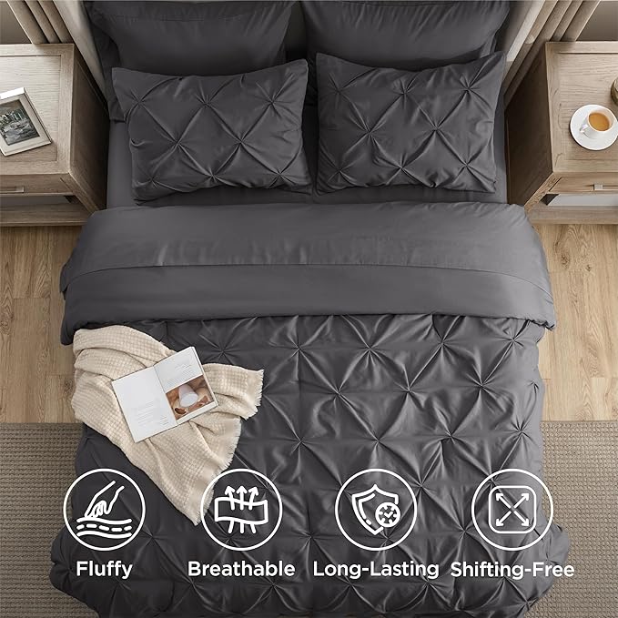 Bedsure California King Comforter Set - Bed in a Bag Cal King Bedding Set 7 PCS, GentleSoft™ Pintuck Bed Set Gift for Family, Pinch Pleat Dark Grey Comforter with Sheets, Pillowcases & Shams