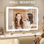 Gold Vanity Mirror with Lights, 32" x 22" Large Lighted Vanity Mirror with Dimmable 3 Modes, LED Makeup Mirror, USB Charging Port, Tabletop or Wall-Mounted
