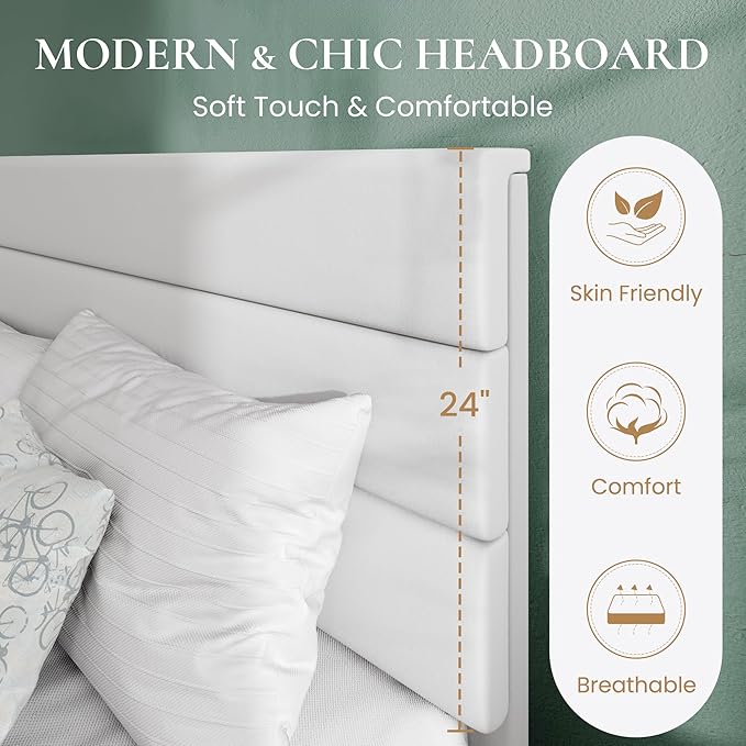 SHA CERLIN King Platform Bed Frame with Velvet Upholstered Headboard, Mattress Foundation with Strong Wooden Slats Support, No Box Spring Needed, White