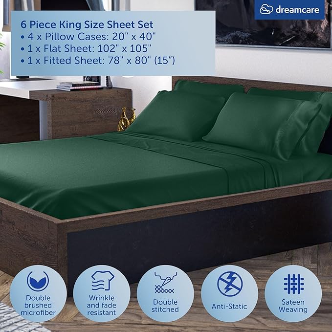 DREAMCARE King Size Sheets Set – 6 pcs Cooling Bed Sheets – up to 15” Deep Pocket King Sheet Set – 2500 Supreme Collection – Extra Soft 100% Brushed Microfiber Hotel Luxury with Side Pocket – E Green