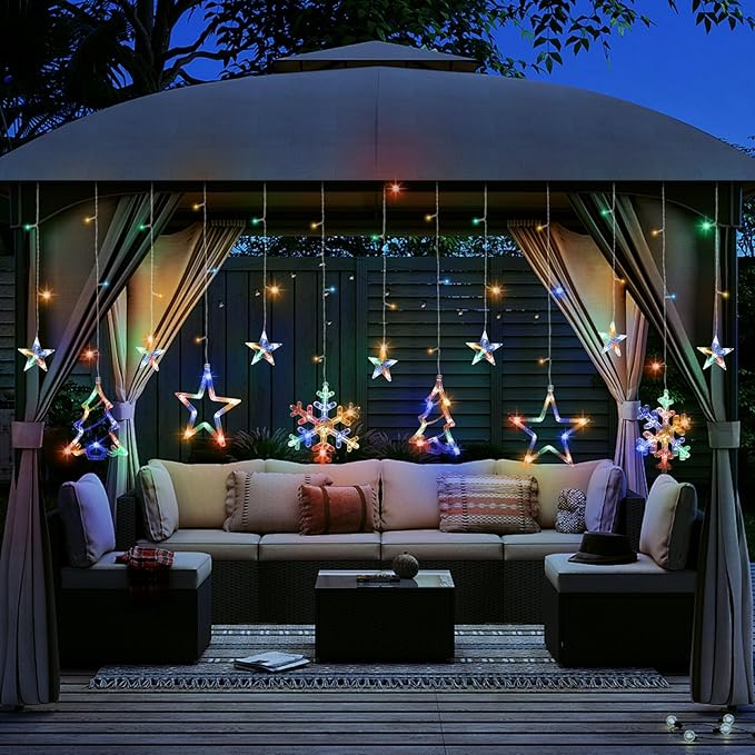 Christmas Window Lights Decorations, 138 LED Curtain Lights with 8 Lighting Modes, Xmas Tree Snowflake Star String Lights for Weddings, Parties, Room Decor(Multi-Colored)