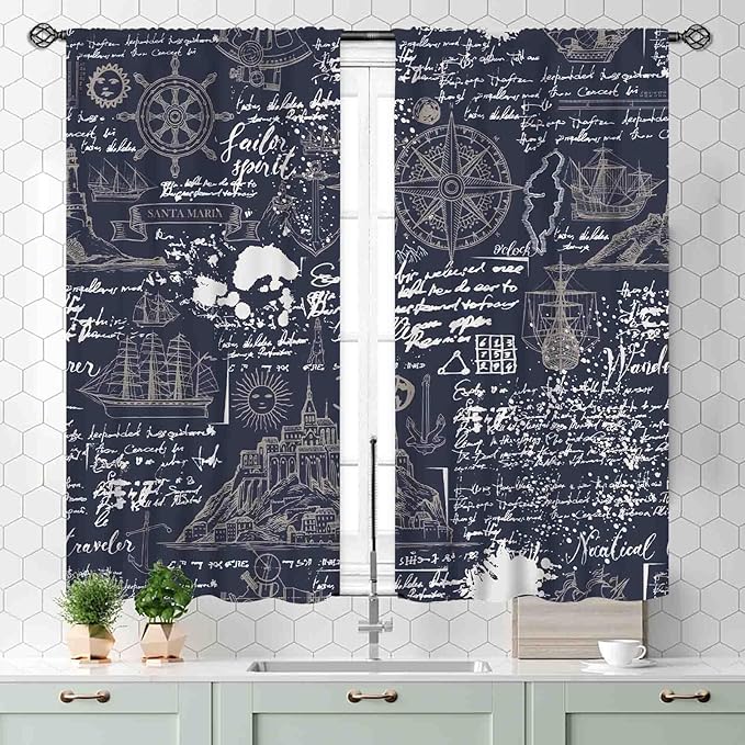 Vintage Nautical Curtains, Marine Coastal Sailboat Compass Anchor Ocean Beach Old Pirate Map Navy Blue Blackout Retro Drapes for Bedroom Living Room Kitchen Bathroom Window 2 Panels, 55x39 Inch