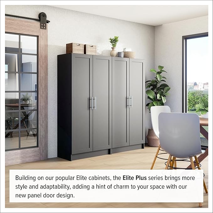 Prepac Elite Accent Cabinet with Panel Doors, Black Storage Cabinet, Bathroom Storage, Pantry with 3 Shelves 16.75" D x 32" W x 65" H