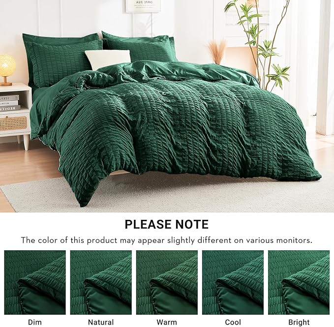 HYMOKEGE Emerald Green Twin Comforter Set Seersucker 5 Pieces, All Season Luxury Bed in a Bag for Bedroom, Bedding Set with Comforter, Sheets, Pillowcase & Sham
