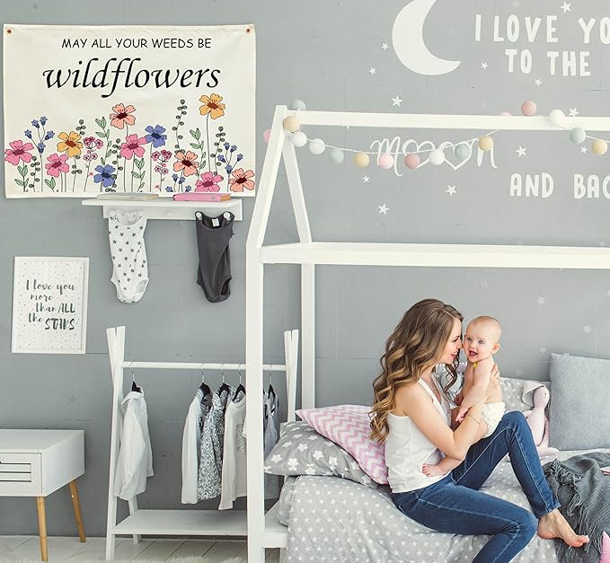 Nursery Rectangular Canvas Banner-Flag Wall Sign for Kids Toddler Boy Girl-Baby Room Above Crib Bedroom Dorm Wall Decor-Baby Shower Birthday Christmas Gift-May All Your Weeds Be Wildflowers