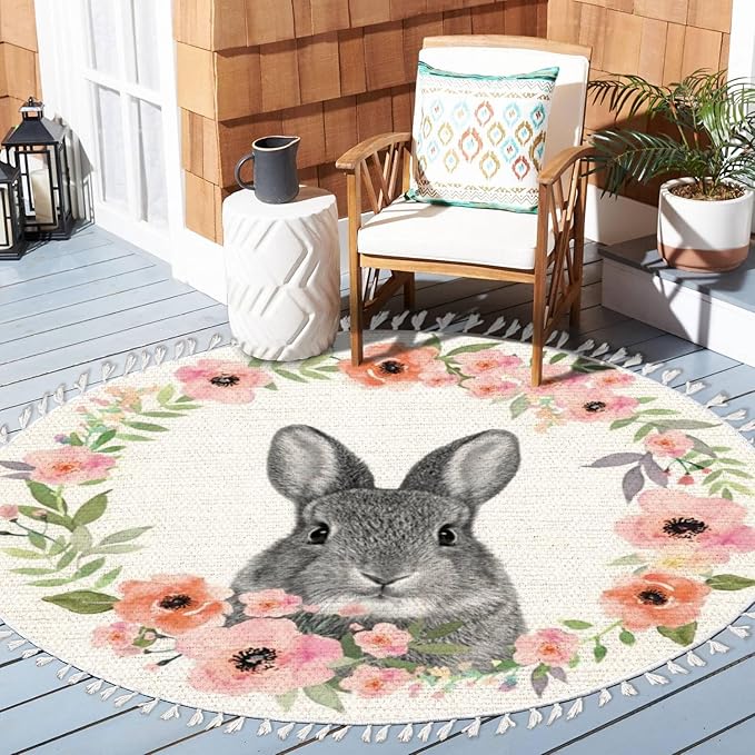 Woodland Animals Round Rugs Flower Crown Rabbit Barn Animal Boho Area Rug in Pastel Color Linen and Cotton Carpet Nursery Rug Washable Hallway Runner Mat Accent Rug for Bedroom Powder Room 3ft