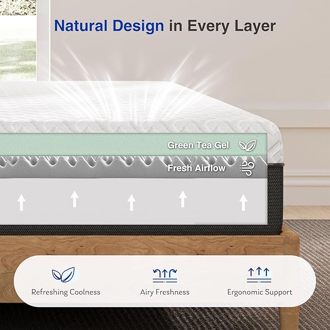 10 Inch Green Tea Memory Foam Mattress, Twin Mattress in a Box, Gel Infused Foam for Pressure Relief and Cool Sleep, CertiPUR-US Certified, Medium Firm