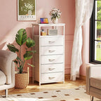 Huuger White Dresser with 5 Drawers & Charging Station, Tall Dresser for Bedroom, Tall Night Stand with PU Leather Finish, Open Shelf, Nightstand for Bedroom, Closet, Hallway, Entryway