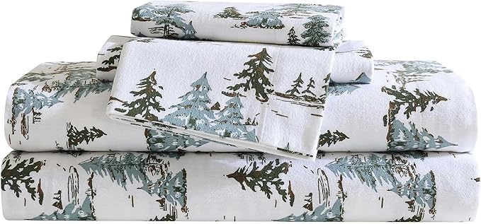 Eddie Bauer - Flannel Sheets Twin Size, Anti-Pilling & Wrinkle Resistant Cotton, Touchably Soft for All-Season Comfort - Bed Sheets with Matching Pillowcase & Fitted Sheet (Snowy Pine Trees Green)