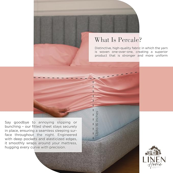 Linen Home 100% Cotton Percale Sheets Queen Size, English Rose, Deep Pocket, 4 Pieces Set - 1 Flat, 1 Deep Pocket Fitted Sheet and 2 Pillowcases, Crisp Cool and Strong Bed Linen