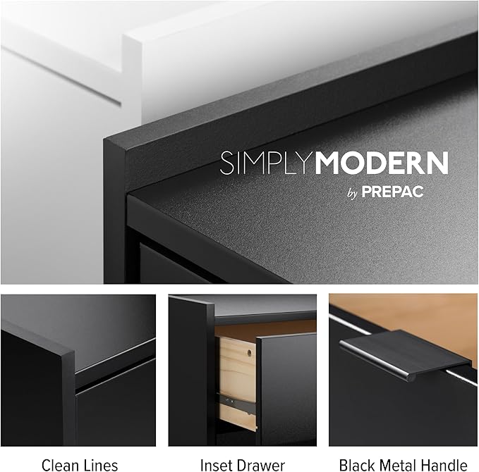 Prepac Simply Modern Nightstand Bedside Table, Black Nightstand for Bedroom, End Table with 2 Drawers and Open Shelf 23.75" W x 26.75" H x 16" D