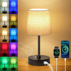 Ascher Small Bedside Table lamp, RGB Color Changing Lamps, 3 Color Temperatures, Dimmable Nightstand Lamp with USB C+A Ports, Touch Desk Lamp for Bedroom Living Room, H11.4in(Flaxen Shade)