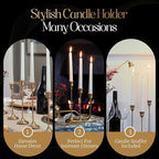 Gold Candleholders for Taper Candlesticks Plus Candle Snuffer – Dining Table Décor Centrepiece - Brass Candelabra Candlestick Holder - Gold Décor for Home Weddings Celebrations Events (Set of 6 Pcs)