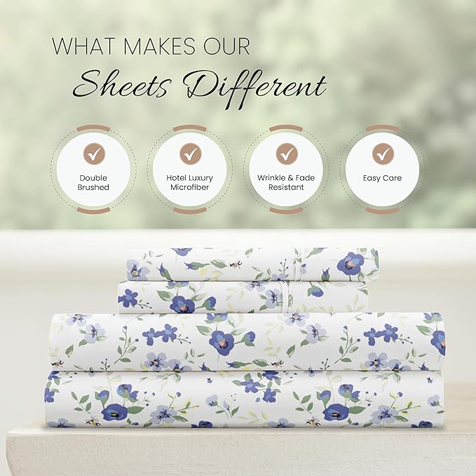 Linen Market Double-Brushed Patterned Microfiber Full Sheet Set 4 Piece – Oeko-TEX Certified Ultra Soft & Wrinkle-Free - 16" Deep Pocket Sheets - Easy Care Full Size - Blossoms Light Blue
