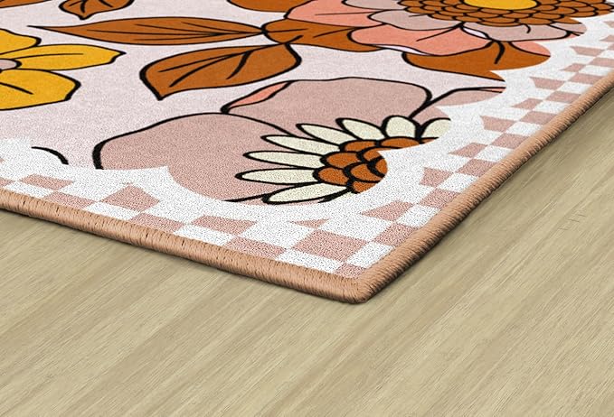 Flagship Carpets Schoolgirl Style Retro Floral Educational Area Rug for Kids Room Seating Décor, Children's Classroom, Play Carpet for Teaching and Playroom, 7'6 "x 12' Pink