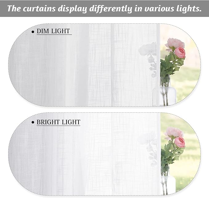 RYB HOME Sheer Curtains 63 inch Length 2 Panels - Linen Textured Fabric Semi Transparent Light Filtering Curtains for Living Room Bedroom Office Bathroom, Width 52 x Length 63 inches, 2 Panels