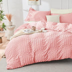 HYMOKEGE Pink/Ivory King Size Comforter Set Seersucker 7 Pieces, All Season Luxury Bed in a Bag for Bedroom, Bedding Set with Comforter, Sheets, Pillowcases & Shams