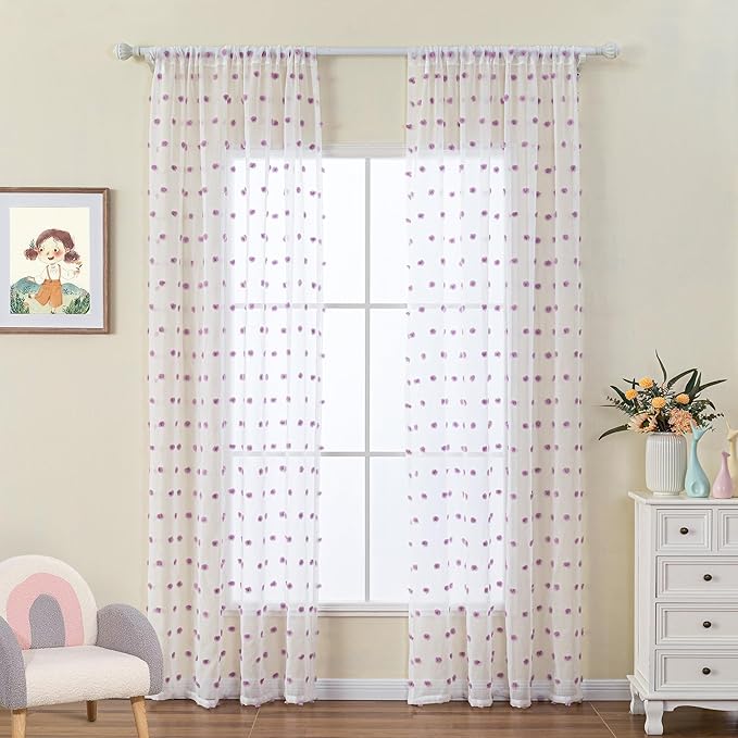 MYSKY HOME Purple Curtains for Girls Bedroom 84 Inch Long White Sheer Curtains with Lilac Pom Pom for Living Room Nursery Curtains 2 Panels Light Filtering Rod Pocket Semi Window Drapes 52 x 84 inch