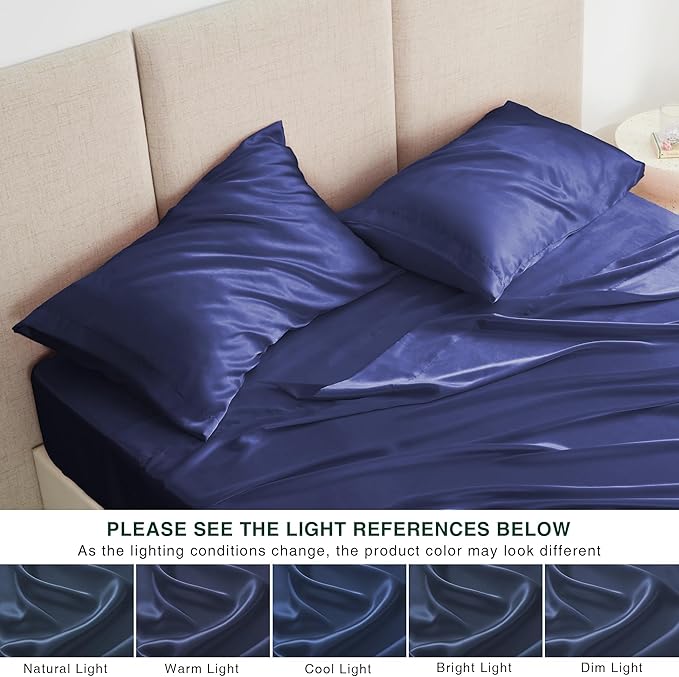 Love's cabin Twin XL Satin Sheet Sets - 3 Piece Navy Blue Silky Bed Sheets with Deep Pockets, Luxury Silk Feel Satin Sheet Set Twin XL (1 Flat Sheet,1 Fitted Sheet,1 Pillow case)
