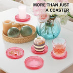 Glass Candle Holders, GOH DODD Set of 8 Crystal Pillar Plates Modern Coasters for Drinks, Centerpiece, Home Decor, Kitchen, Living Room, Patio, Wedding, Halloween, Christmas, Party, Clear Red