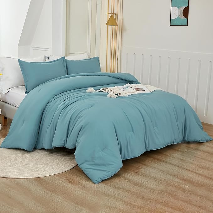 Litanika Comforters Grayish Teal Oversized King Size, 3 Pieces Lightweight Solid Bedding Comforter Set, All Season Fluffy Bed Set (120x98In Comforter & 2 Pillowcases)