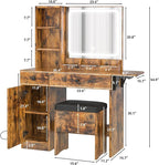 IRONCK Vanity Desk with LED Lighted Mirror & Power Outlet, Makeup Table with Drawers & Cabinet,Storage Stool,for Bedroom, Vintage Brown